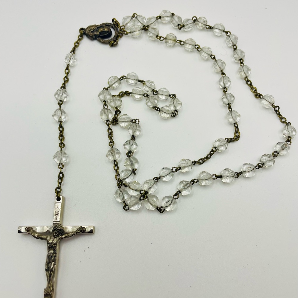 Silver Virgin Mary Holding Jesus Rosary Necklace w/Crystal Beads. Italy. 24 inch